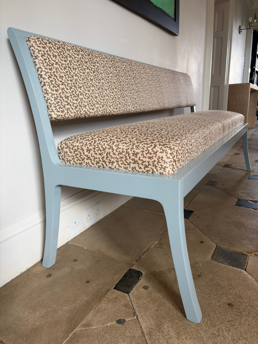180cm Daphine Banquette bench in Sibyl Colefax seaweed in brown and farrow & ball parma gray