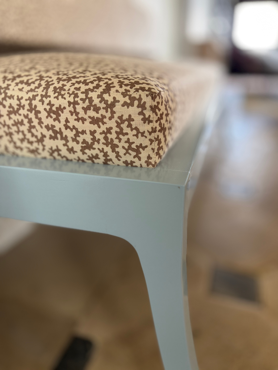 180cm Daphine Banquette bench in Sibyl Colefax seaweed in brown and farrow & ball parma gray