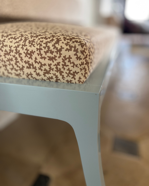 180cm Daphine Banquette bench in Sibyl Colefax seaweed in brown and farrow & ball parma gray