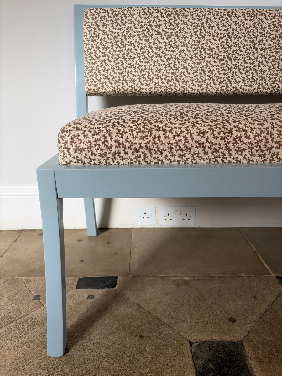 180cm Daphine Banquette bench in Sibyl Colefax seaweed in brown and farrow & ball parma gray