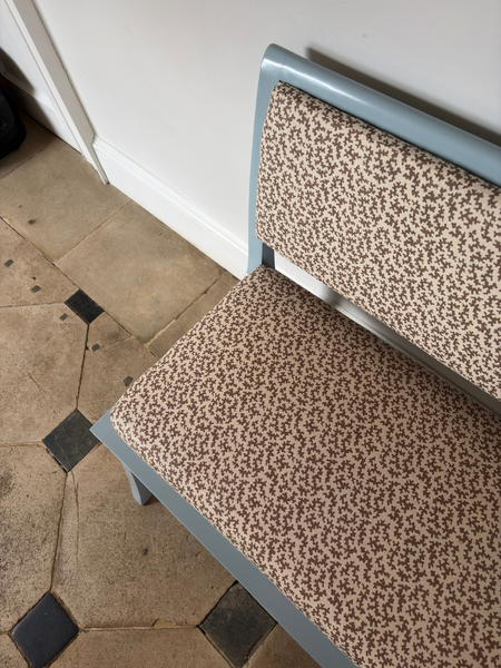 180cm Daphine Banquette bench in Sibyl Colefax seaweed in brown and farrow & ball parma gray