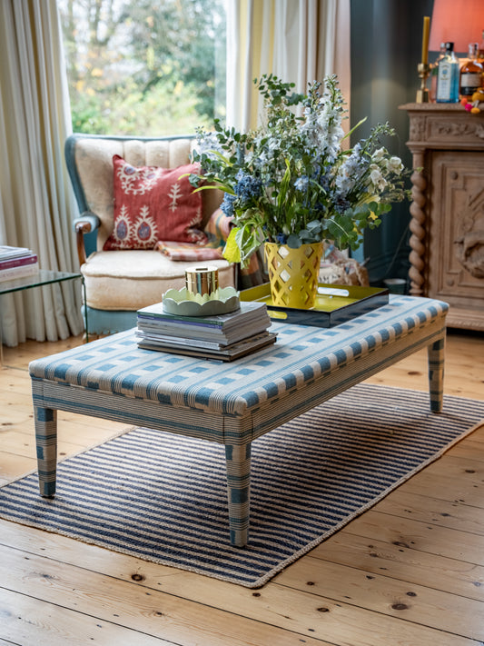 Bespoke Large Honey Upholstered Coffee Table Ottoman in Lost & Found Blue - READY TO SHIP