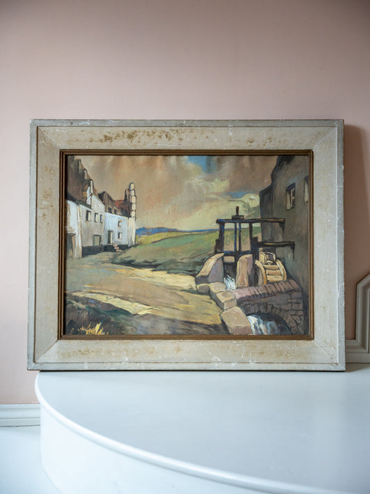 Very Large Vintage Pastel Picture in Frame Of Country Scene