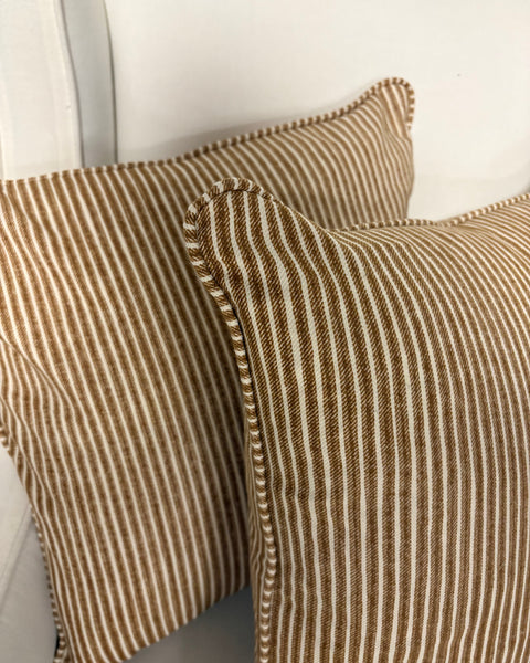 Pair of Square Cushion 45cm in Fermoie - Poulton stripe in brown (PRICE IS FOR BOTH)