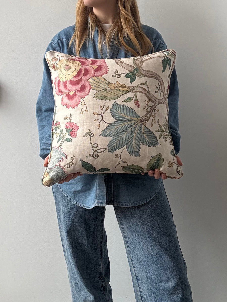 Colefax & Fowler Mariella in pink green square cushion