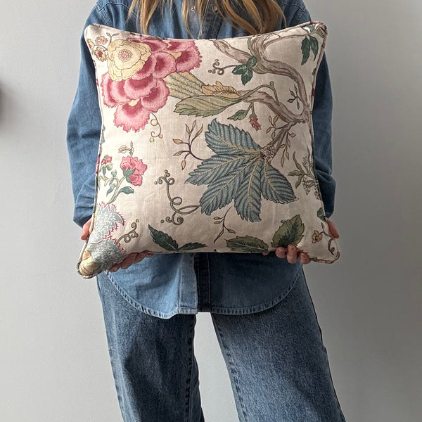 Colefax & Fowler Mariella in pink green square cushion