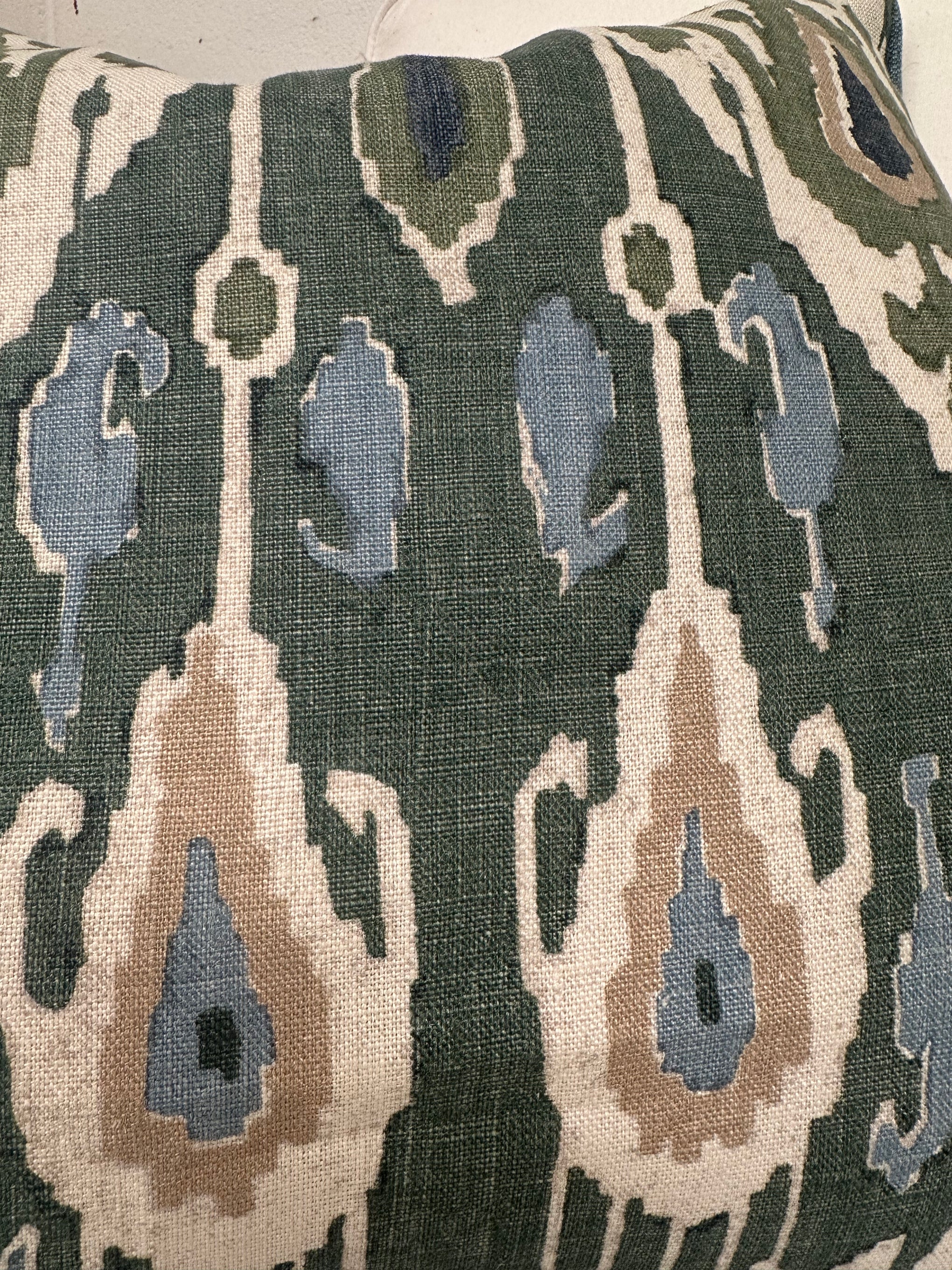 GP&J Baker Ikat Bokhara with blue denim linen piping Square