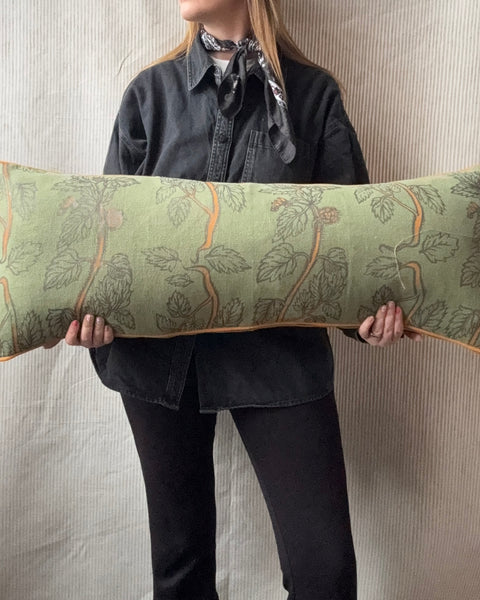 Bolster Cushion 90x35cm in Beata Heuman, nettle in sage with Amber linen back and piping