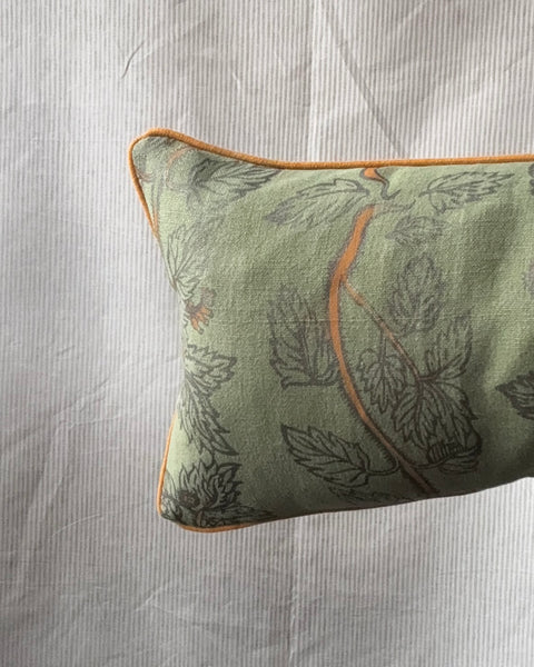 Bolster Cushion 90x35cm in Beata Heuman, nettle in sage with Amber linen back and piping