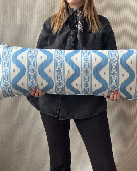 Bolster Cushion 90x35cm in Mrs Alice, Ikat stripe in blue