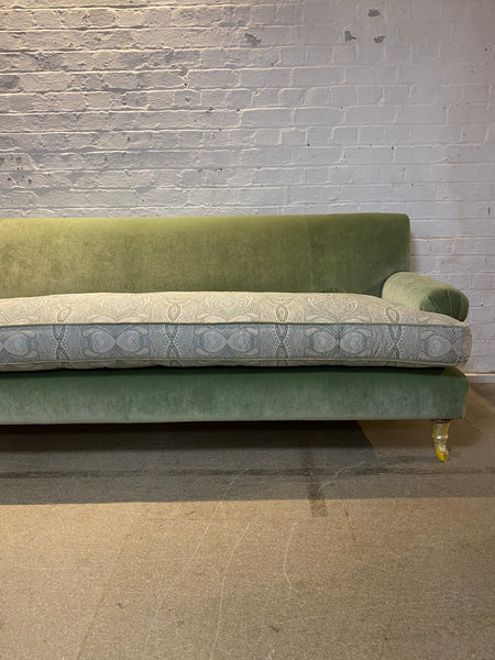Bespoke sofa in Linwood Omega Velvet and Ian Sanderson Zarina on castor legs