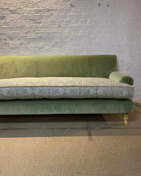 Bespoke sofa in Linwood Omega Velvet and Ian Sanderson Zarina on castor legs