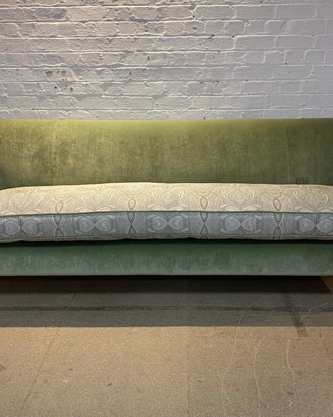 Bespoke sofa in Linwood Omega Velvet and Ian Sanderson Zarina on castor legs