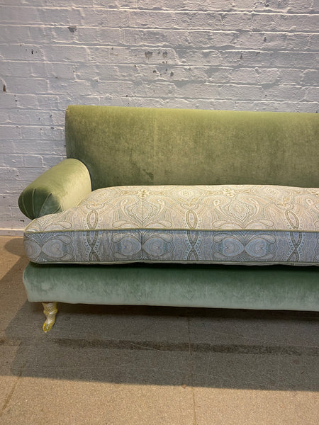 Bespoke sofa in Linwood Omega Velvet and Ian Sanderson Zarina on castor legs