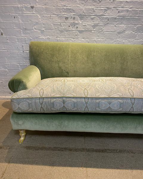 Bespoke sofa in Linwood Omega Velvet and Ian Sanderson Zarina on castor legs