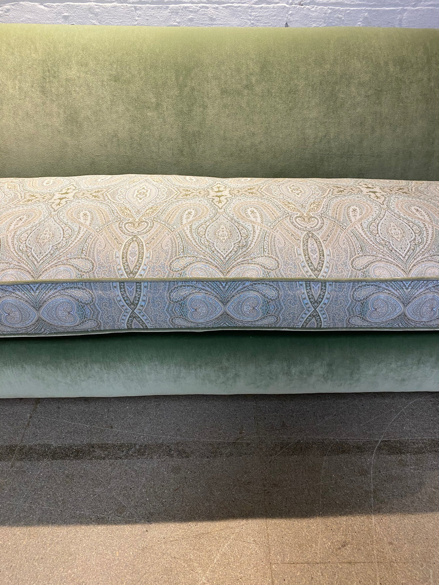 Bespoke sofa in Linwood Omega Velvet and Ian Sanderson Zarina on castor legs