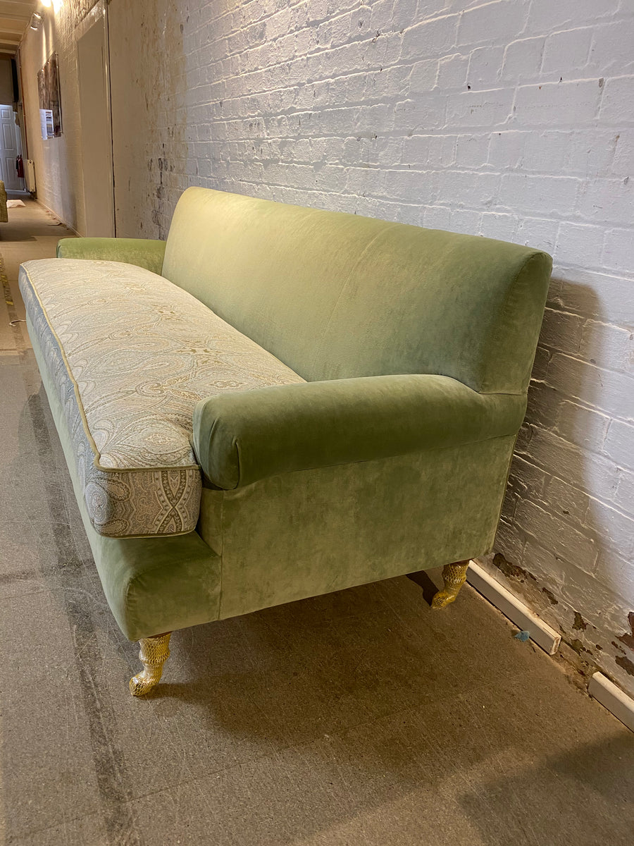 Bespoke sofa in Linwood Omega Velvet and Ian Sanderson Zarina on castor legs