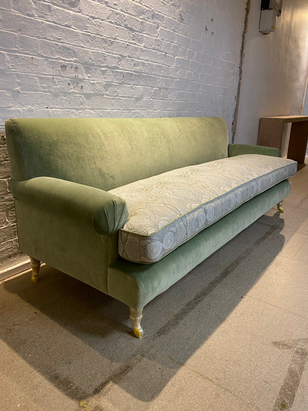 Bespoke sofa in Linwood Omega Velvet and Ian Sanderson Zarina on castor legs