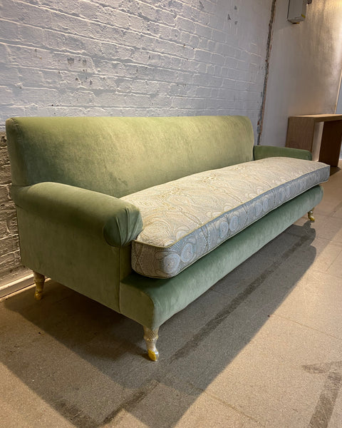 Bespoke sofa in Linwood Omega Velvet and Ian Sanderson Zarina on castor legs