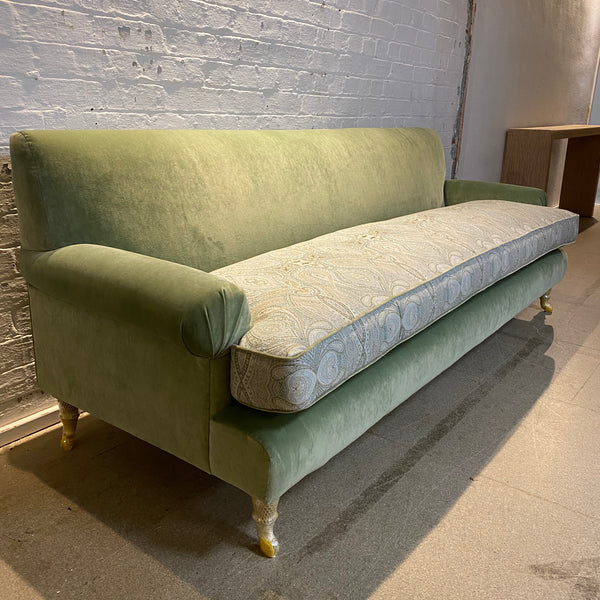 Bespoke sofa in Linwood Omega Velvet and Ian Sanderson Zarina on castor legs