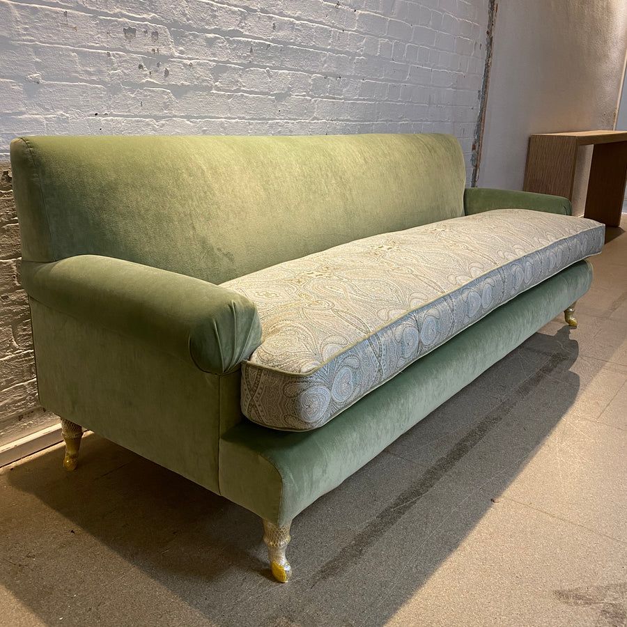Bespoke sofa in Linwood Omega Velvet and Ian Sanderson Zarina on castor legs