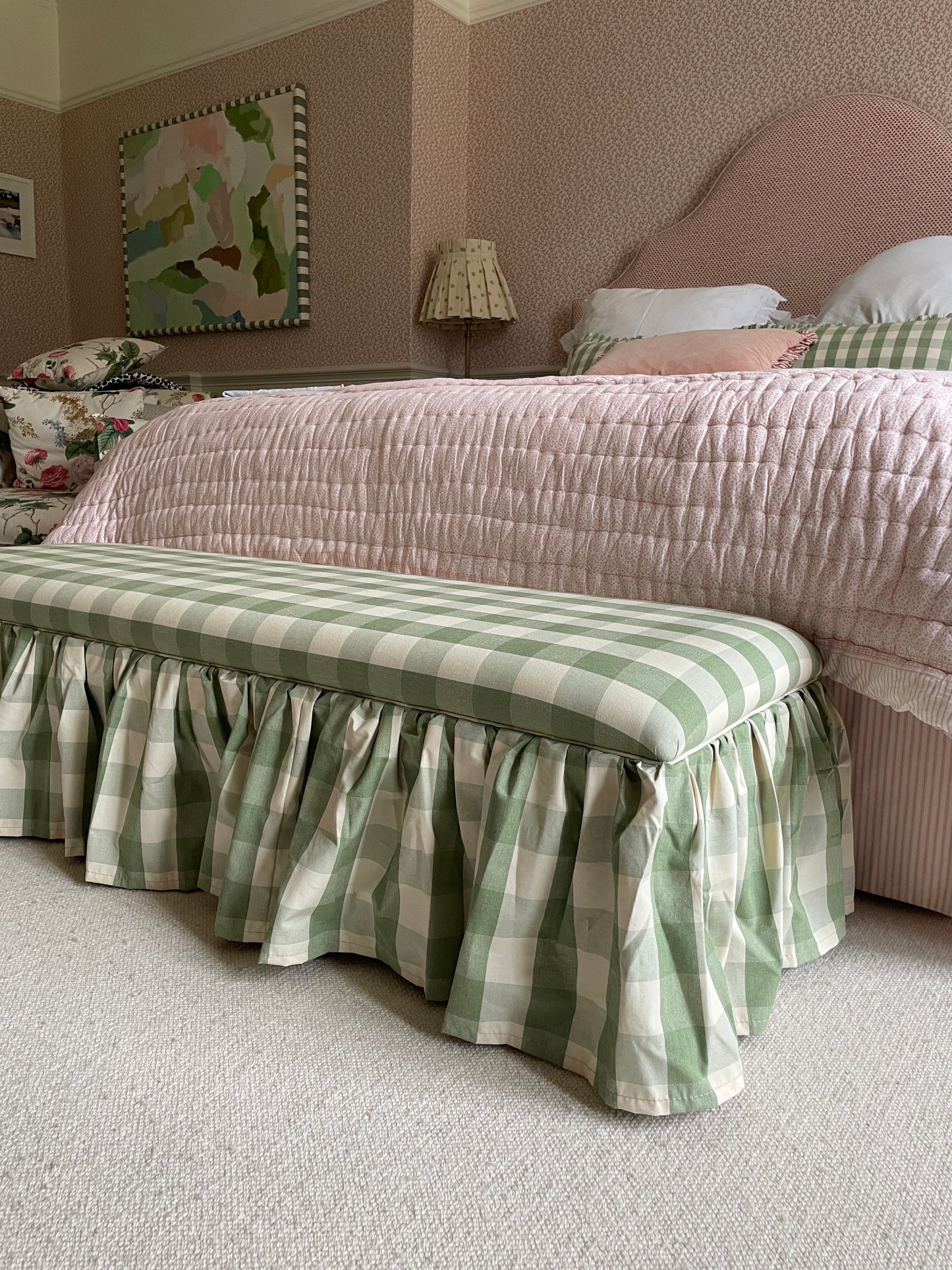 A Cleo end of bed bench ottoman in Ian Mankin Green Gingham