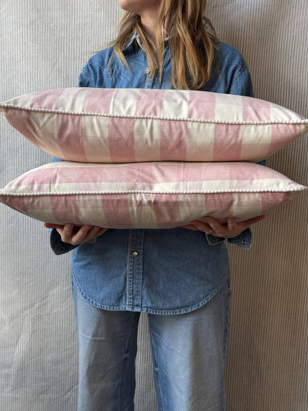 A pair of Mini bolster 60 x 30cm in Ian Mankin, suffolk check in pink with pink and white stripe piping