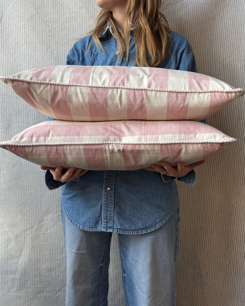 A pair of Mini bolster 60 x 30cm in Ian Mankin, suffolk check in pink with pink and white stripe piping