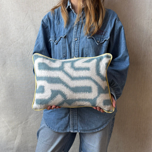 Rapture and Wright, Albacin in flax flower with Yellow linen back and piping Lumbar cushion 30 x 40cm