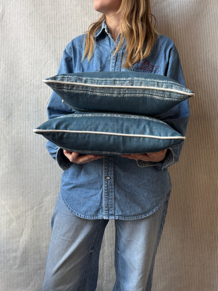 A pair of Carolina Irving, Patmos stripe in blue Lumbar cushion 30 x 40cm
