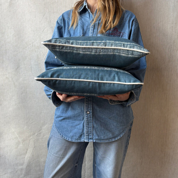 A pair of Carolina Irving, Patmos stripe in blue Lumbar cushion 30 x 40cm