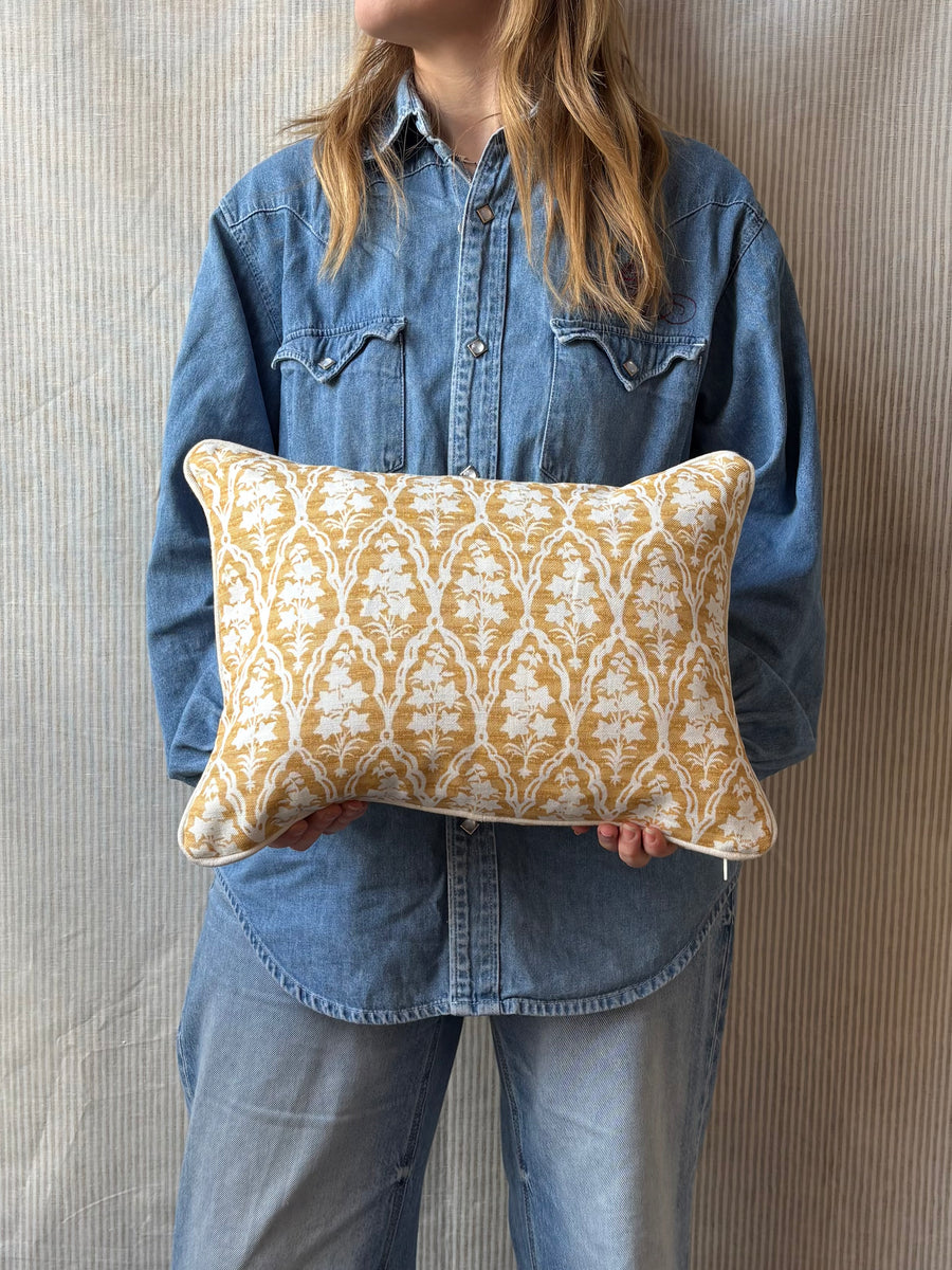 Jim Thompson, Campanula in gold with Natural linen piping Lumbar cushion 30 x 40cm