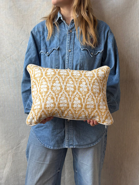 Jim Thompson, Campanula in gold with Natural linen piping Lumbar cushion 30 x 40cm