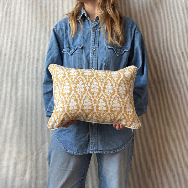 Jim Thompson, Campanula in gold with Natural linen piping Lumbar cushion 30 x 40cm