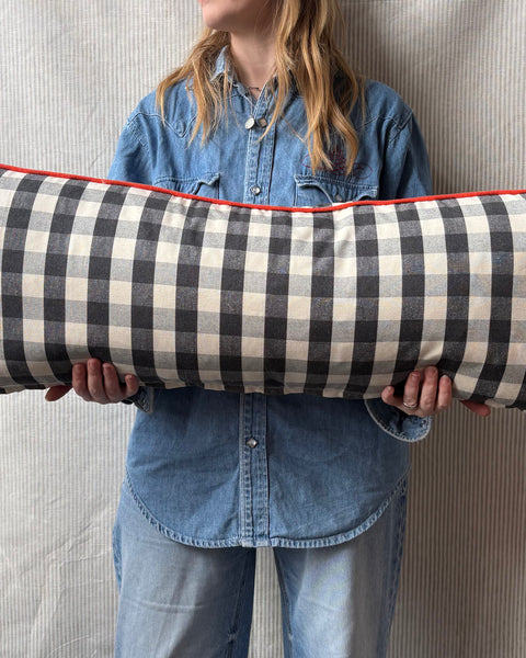 Bolster Cushion 90x35cm in Ian Mankin, suffolk checksmall in black with Bright red piping