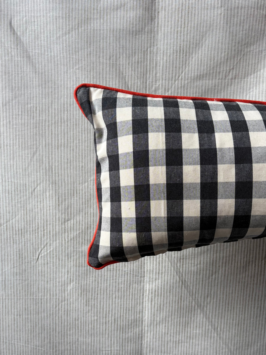 Bolster Cushion 90x35cm in Ian Mankin, suffolk checksmall in black with Bright red piping