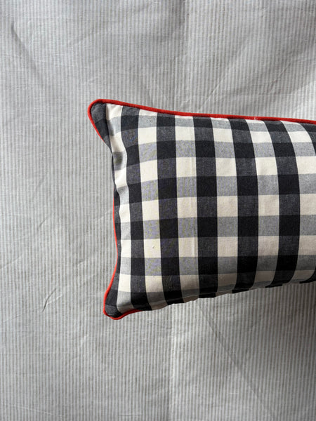 Bolster Cushion 90x35cm in Ian Mankin, suffolk checksmall in black with Bright red piping