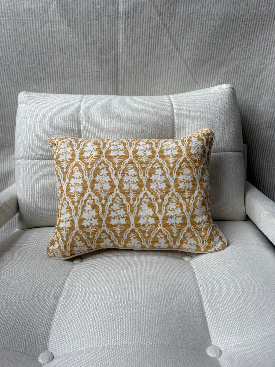 Jim Thompson, Campanula in gold with Natural linen piping Lumbar cushion 30 x 40cm