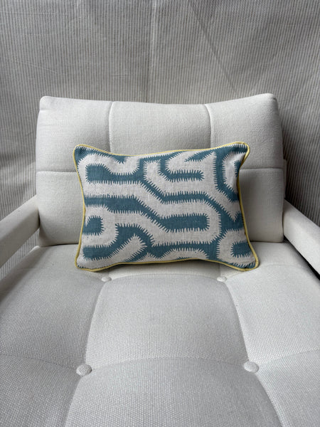 Rapture and Wright, Albacin in flax flower with Yellow linen back and piping Lumbar cushion 30 x 40cm