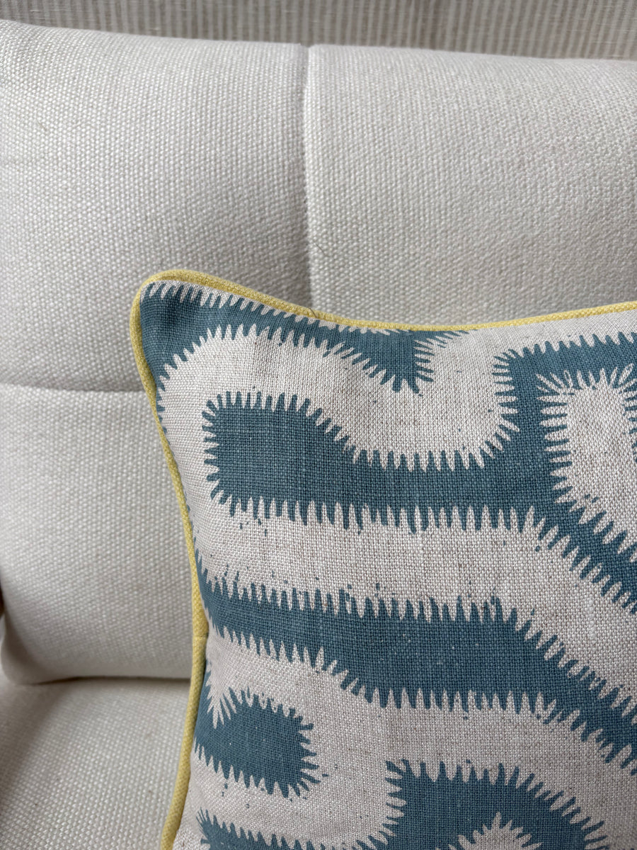 Rapture and Wright, Albacin in flax flower with Yellow linen back and piping Lumbar cushion 30 x 40cm