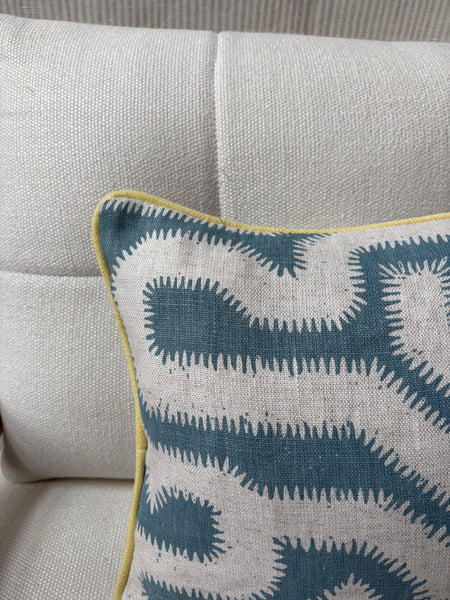 Rapture and Wright, Albacin in flax flower with Yellow linen back and piping Lumbar cushion 30 x 40cm