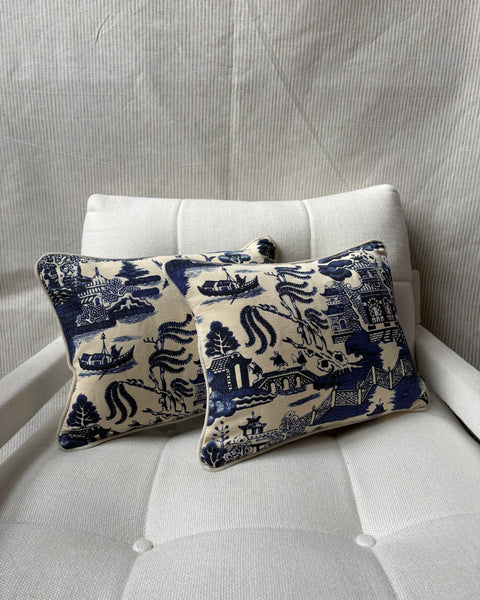 A pair of Beata Heuman, Willow in ink Lumbar cushion 30 x 40cm
