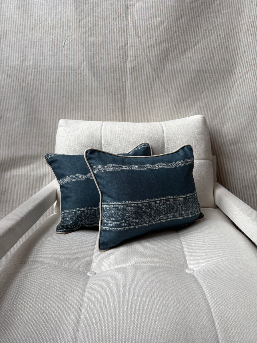 A pair of Carolina Irving, Patmos stripe in blue Lumbar cushion 30 x 40cm