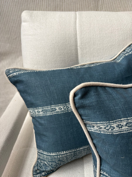A pair of Carolina Irving, Patmos stripe in blue Lumbar cushion 30 x 40cm