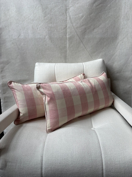 A pair of Mini bolster 60 x 30cm in Ian Mankin, suffolk check in pink with pink and white stripe piping