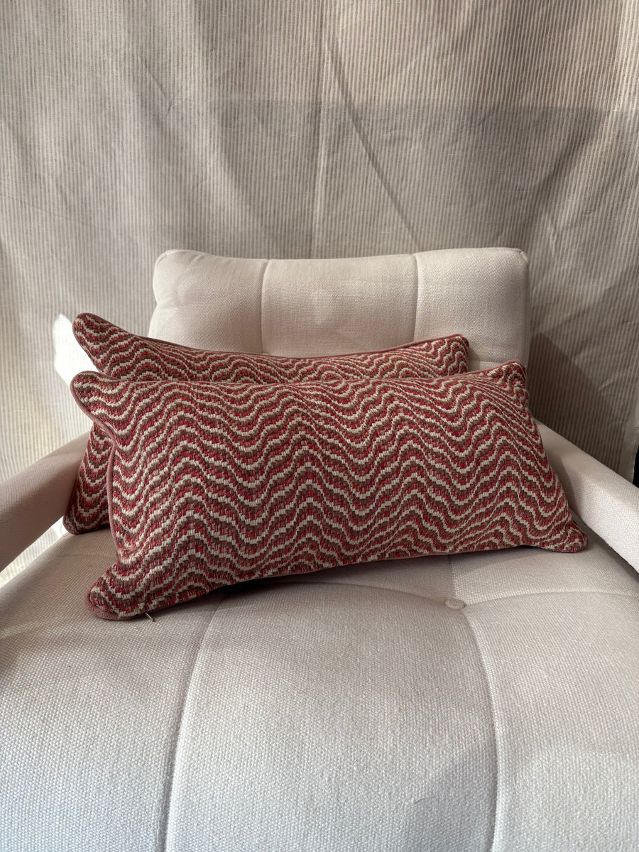 PAIR of mini bolster cushions 60 x 30cm in Nina Campbell Ondoso Red/Clay with pink piping