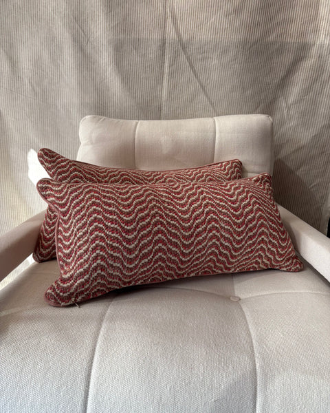 PAIR of mini bolster cushions 60 x 30cm in Nina Campbell Ondoso Red/Clay with pink piping