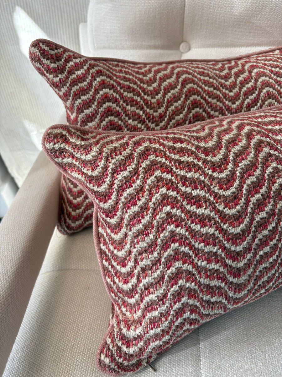PAIR of mini bolster cushions 60 x 30cm in Nina Campbell Ondoso Red/Clay with pink piping