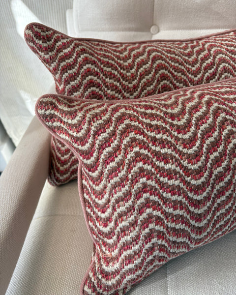 PAIR of mini bolster cushions 60 x 30cm in Nina Campbell Ondoso Red/Clay with pink piping