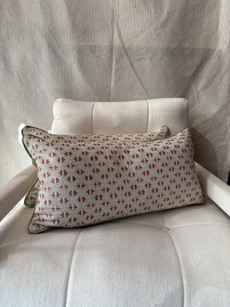PAIR of mini bolster cushions 60 x 30cm in Colefax and fowler, denbury pink green with green piping